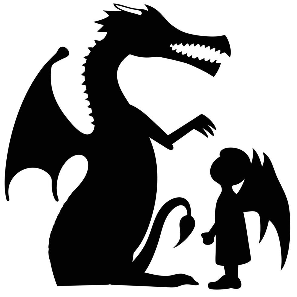 Dragon And Angel In Silhouette Black And White Illustration For Fantasy Stories vector