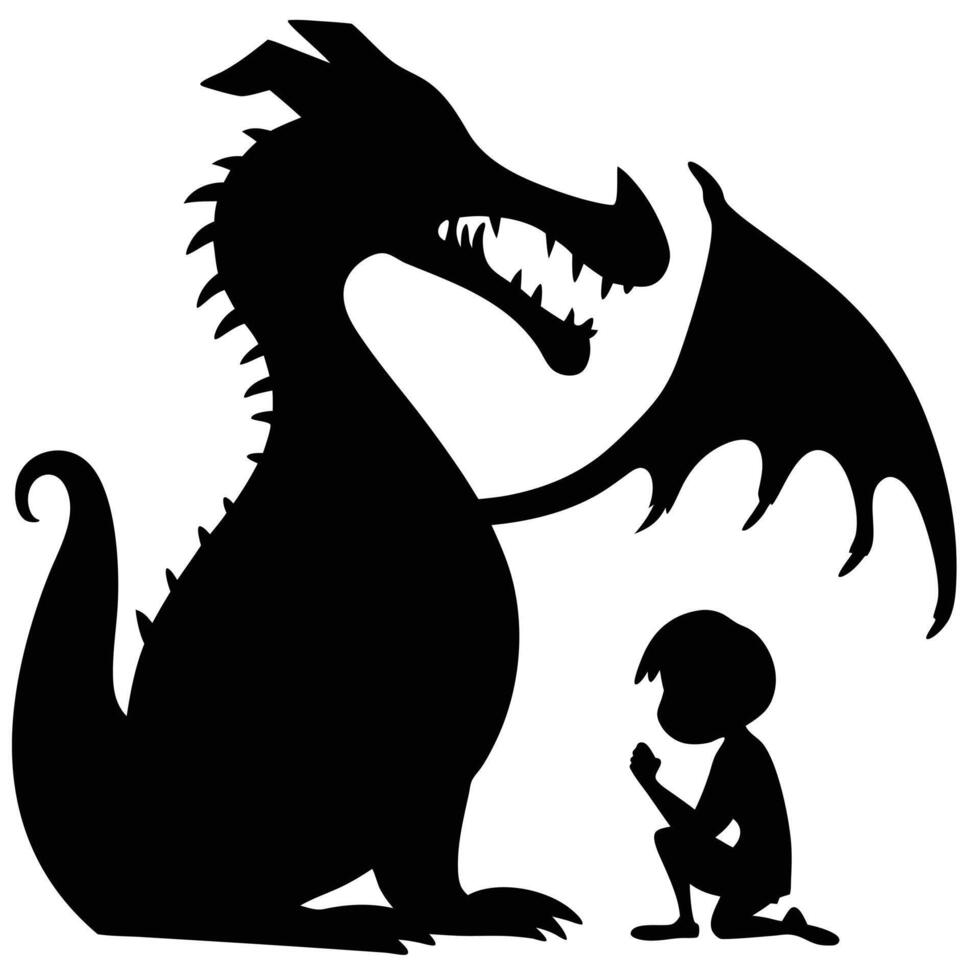 Silhouette Illustration Of Dragon And Kneeling Human In Fantasy Concept Art vector