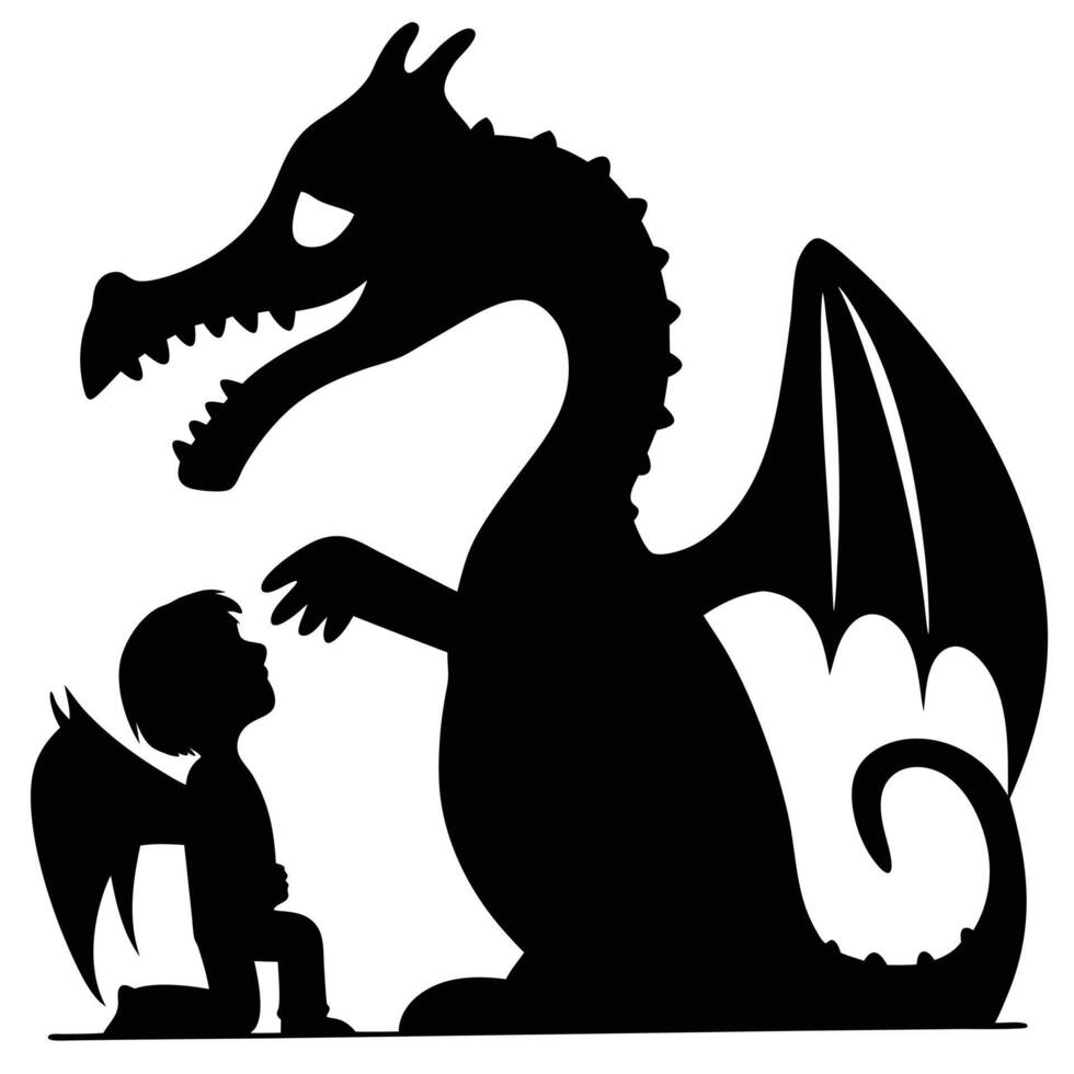 Silhouette Of Angel Boy Kneeling Before A Large Dragon In Black And White vector