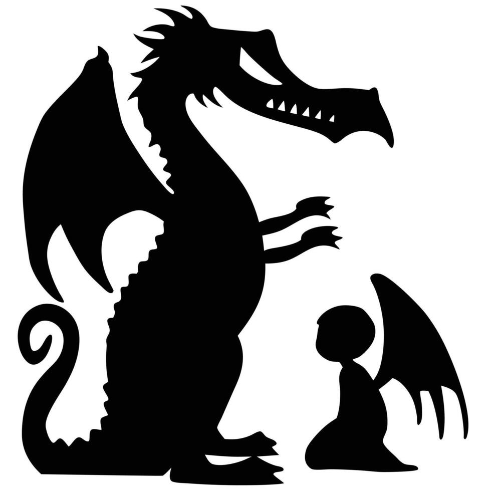 Silhouette Of Dragon And Winged Child Mystical Fairytale Illustration vector