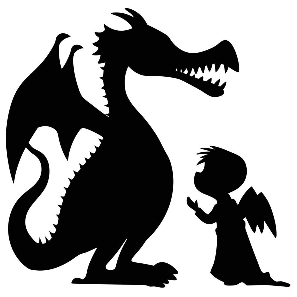 Cartoon Dragon And Angel Child Silhouette Design For Fairy Tale Illustrations vector