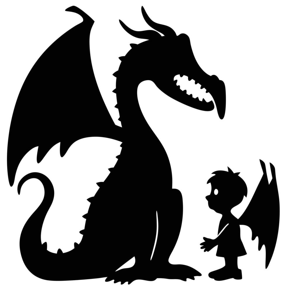 Boy With Angel Wings Talking To Dragon In Silhouette Illustration vector