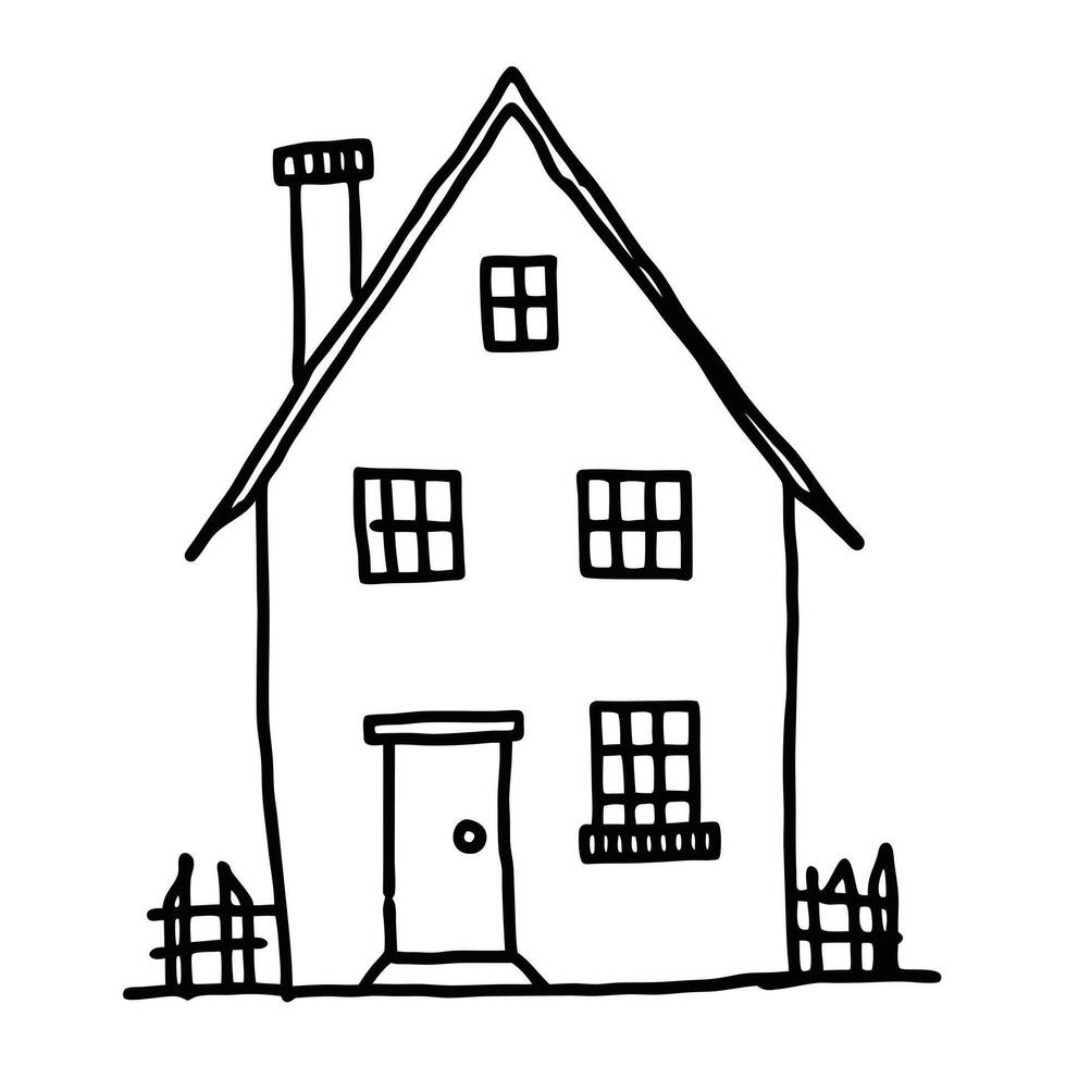 Hand Drawn House Illustration Simple Outline Building With Fence And Chimney vector