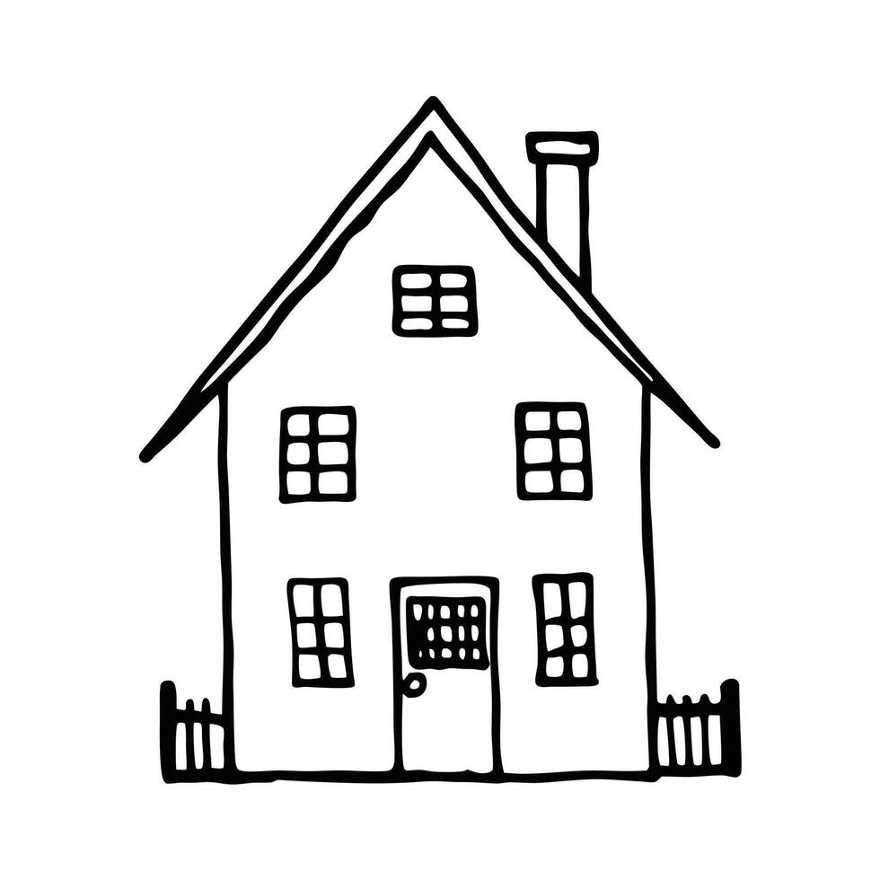 Hand Drawn House Illustration Simple Home With Fence And Chimney Outline vector