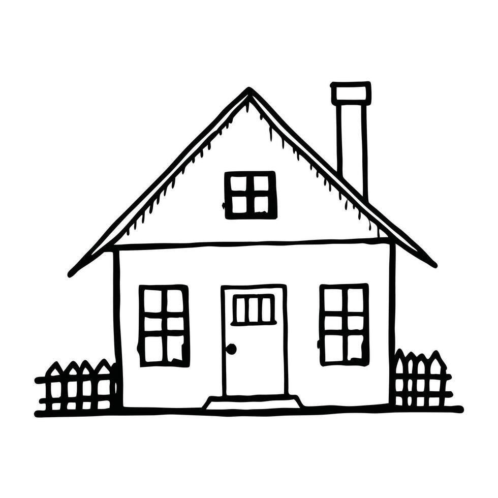 Hand Drawn House Illustration Simple Building With Fence And Chimney Outline vector