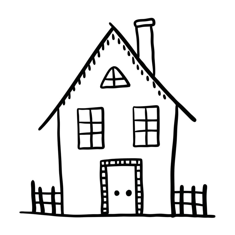 Cute Hand Drawn House Isolated On White Background Black And White Doodle Style vector