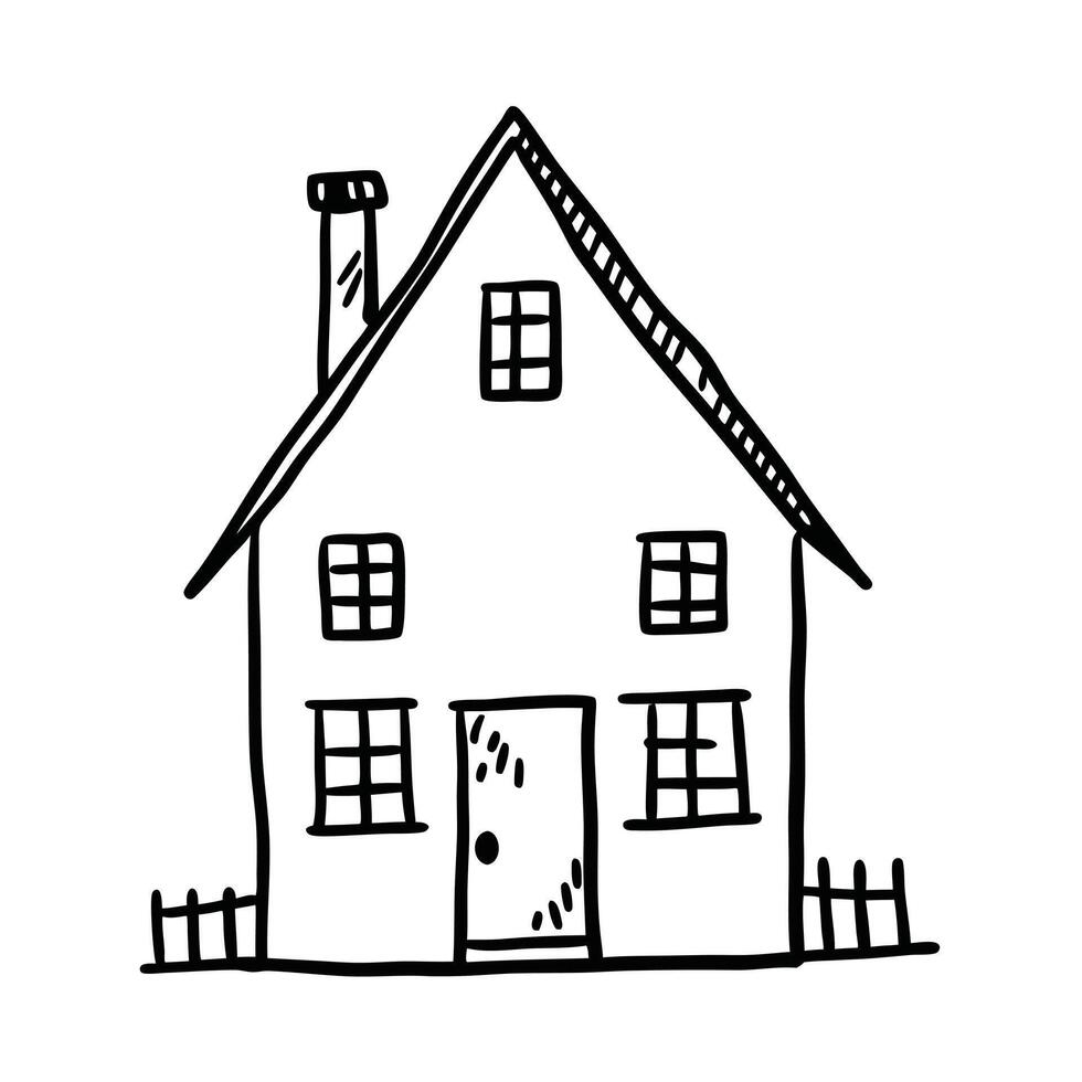 Hand Drawn House Illustration With Fence Architecture Design And Simple Black Lines vector