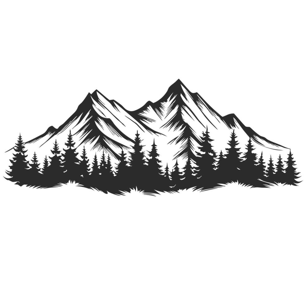 Monochrome Mountain Range With Pine Forest Illustration Isolated vector