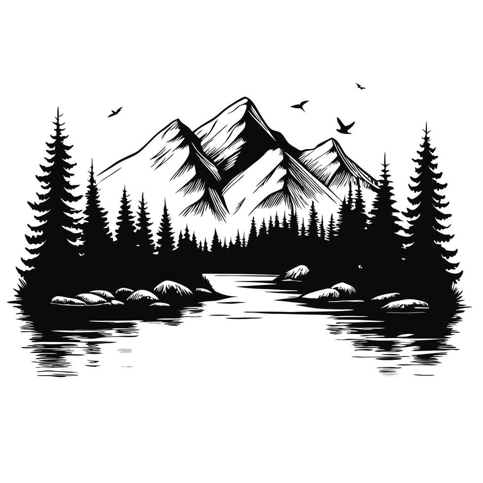 Monochrome Mountain Landscape With River Coniferous Trees And Birds Illustration vector
