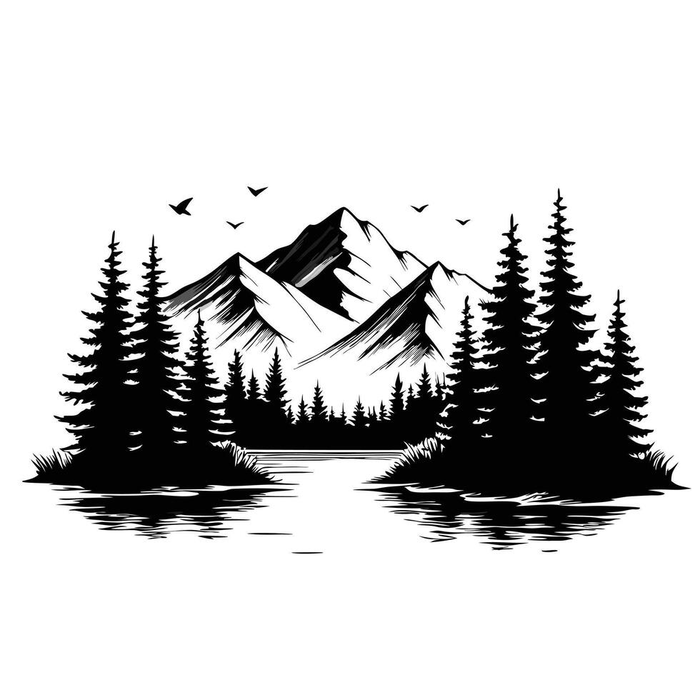 Mountain Landscape With Pine Trees Reflection In Water And Birds Silhouette vector