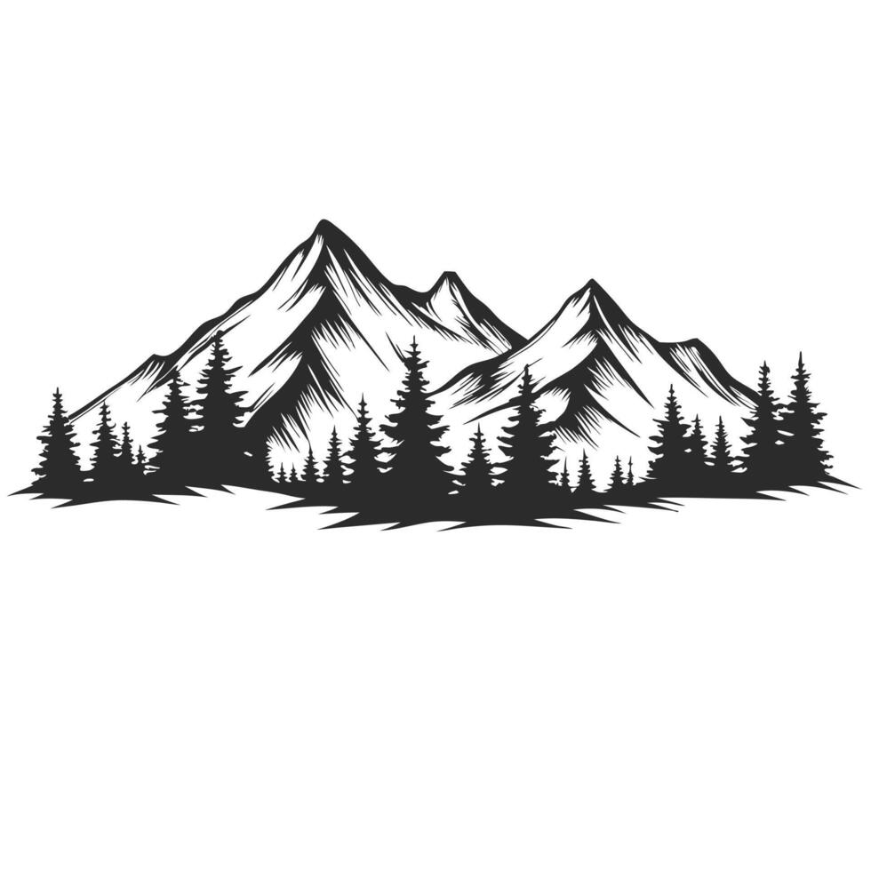 Black And White Mountain Landscape With Forest Illustration Design vector