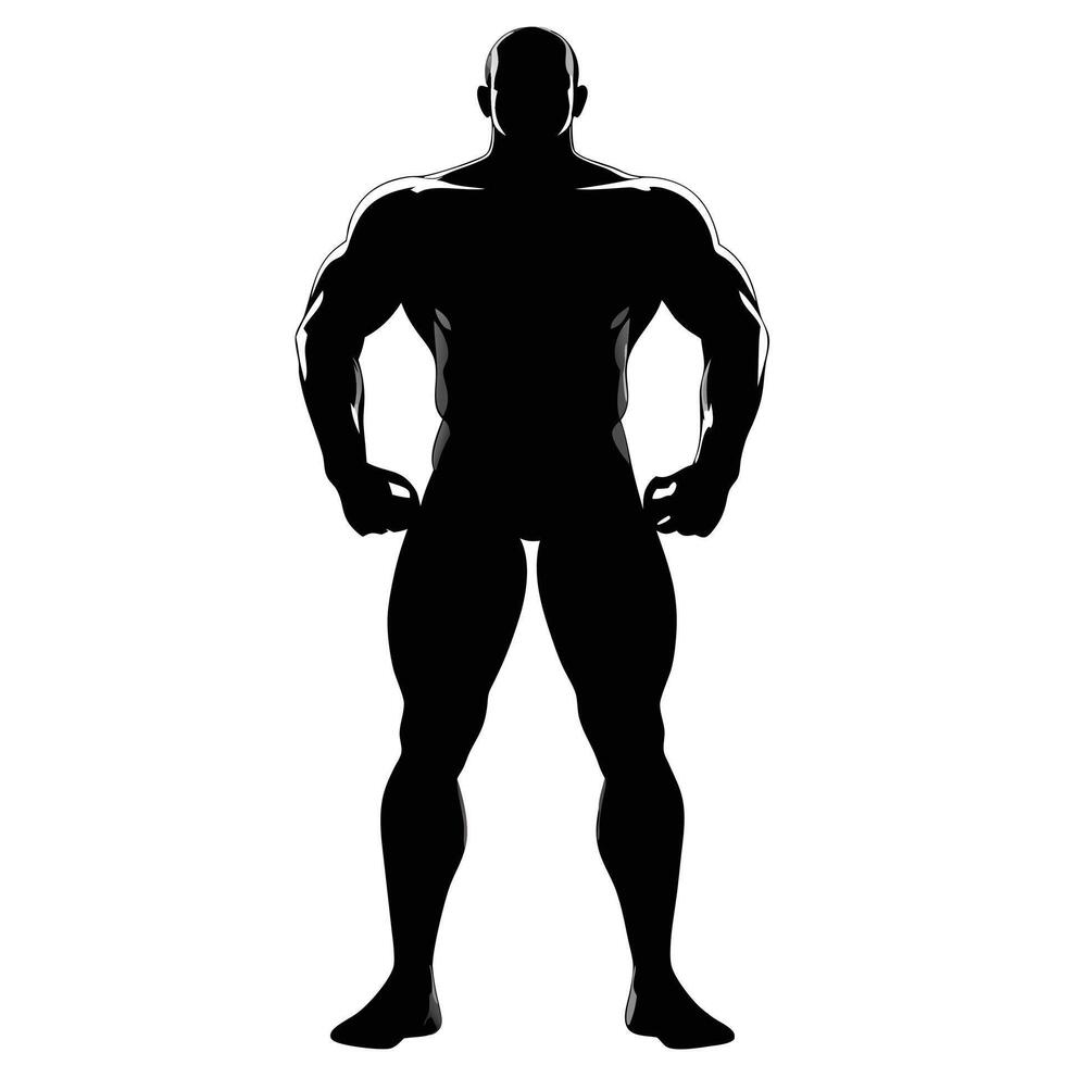 Silhouette Of A Muscular Man Standing Strong On White Background Art vector