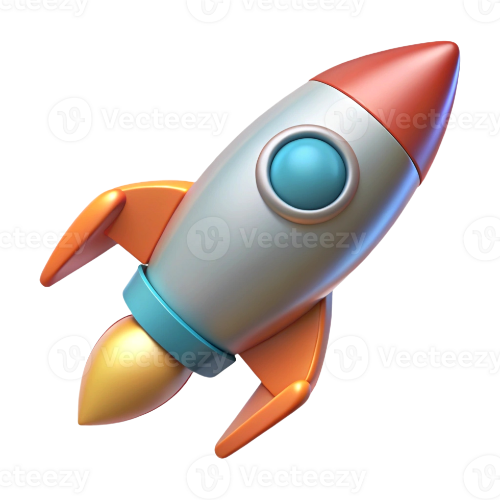 3D Cartoon Rocket Spaceship with Metallic Finish Startup, Tech Innovation Launch Icon png