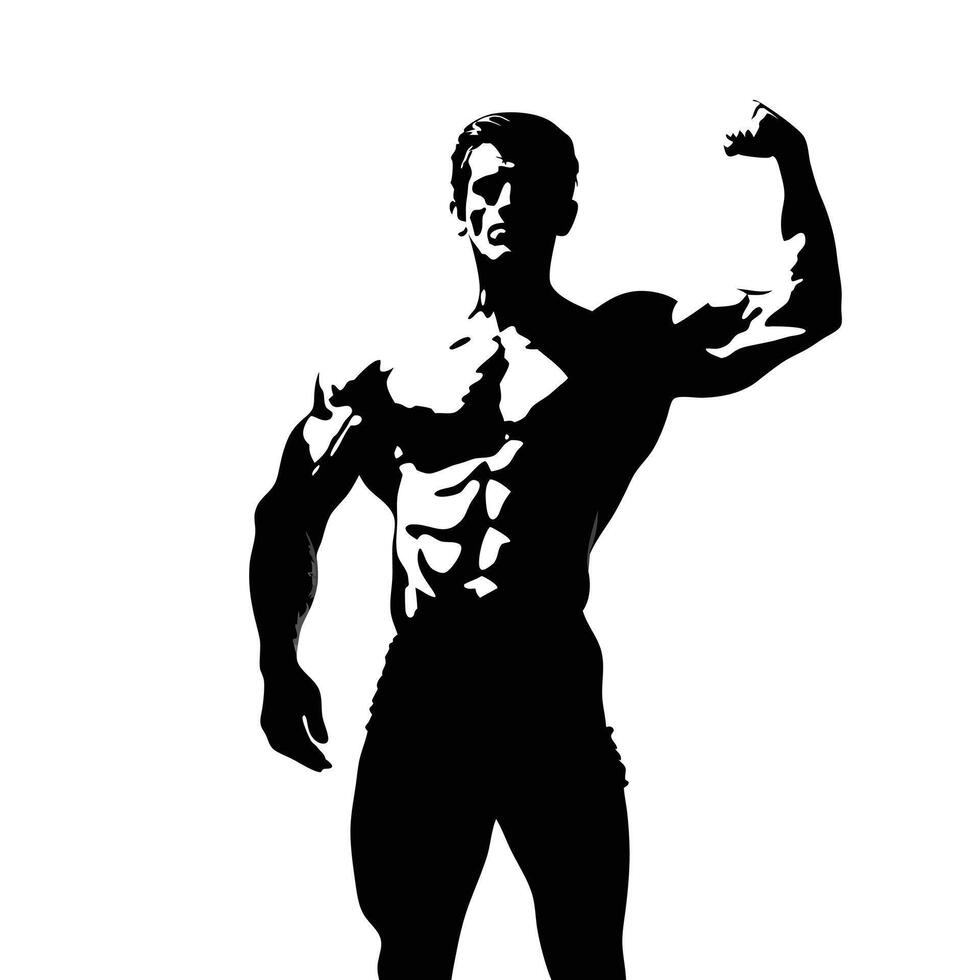 Bodybuilder Silhouette Flexing Biceps In Black And White Artistic Graphic Design vector