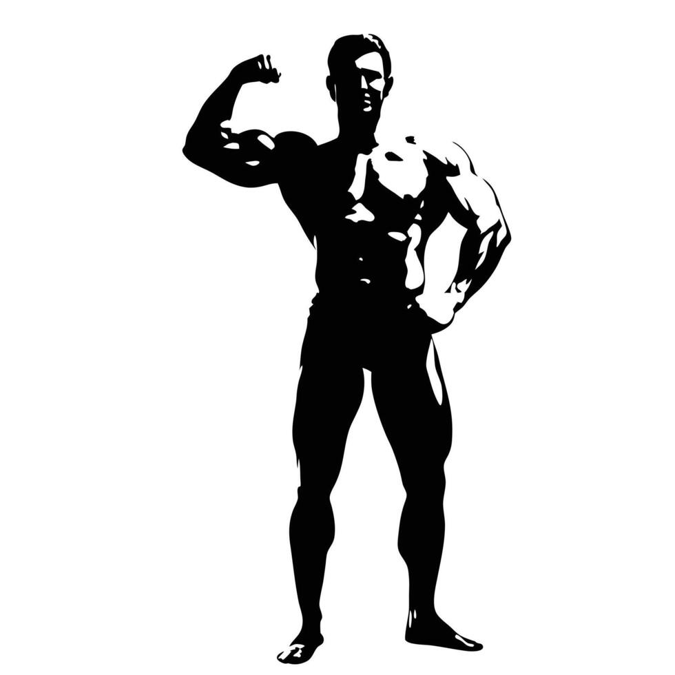 Strong Silhouette Of A Bodybuilder Flexing His Muscles On White Background vector