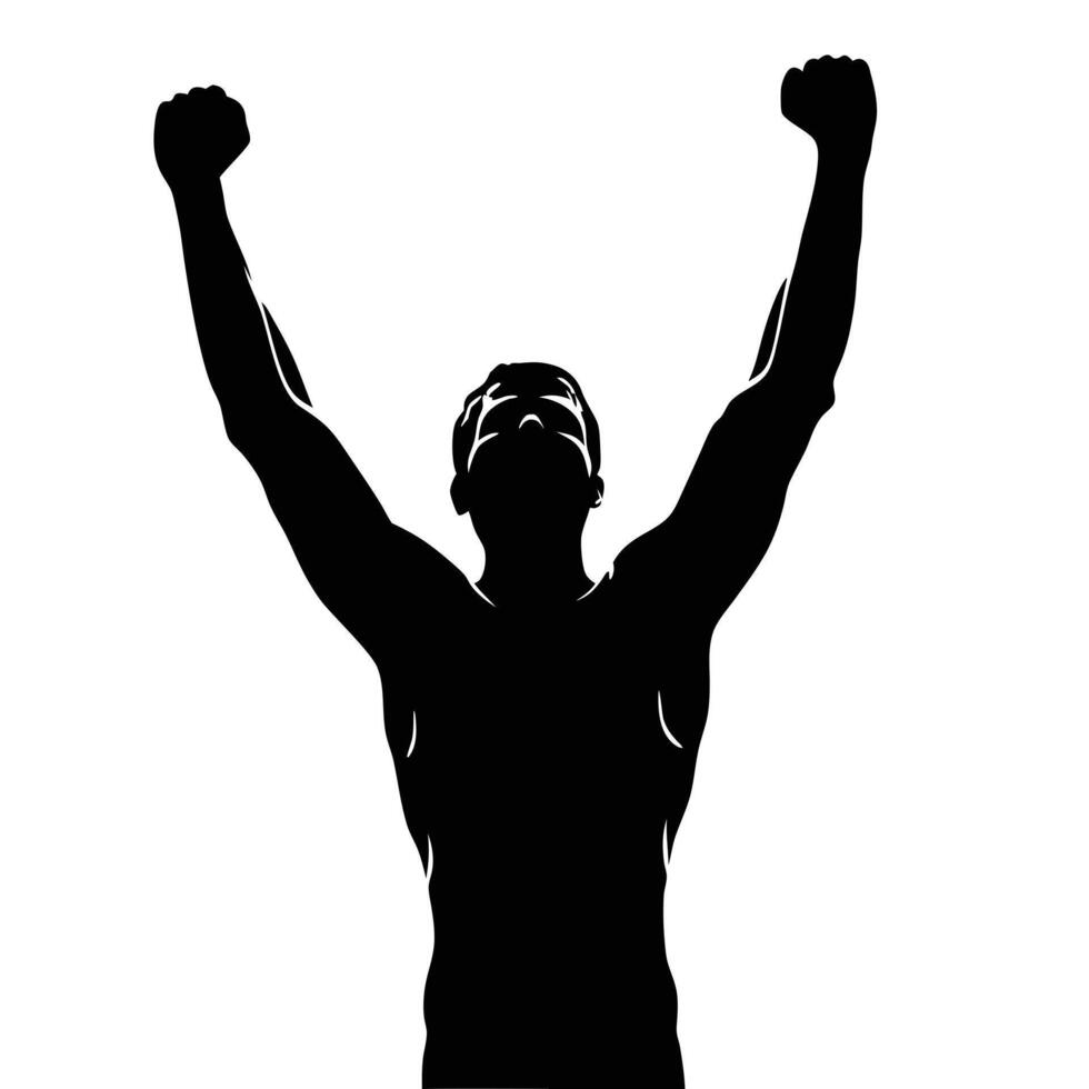 Silhouette Illustration Of A Man Celebrating Victory Raising His Arms Up High vector