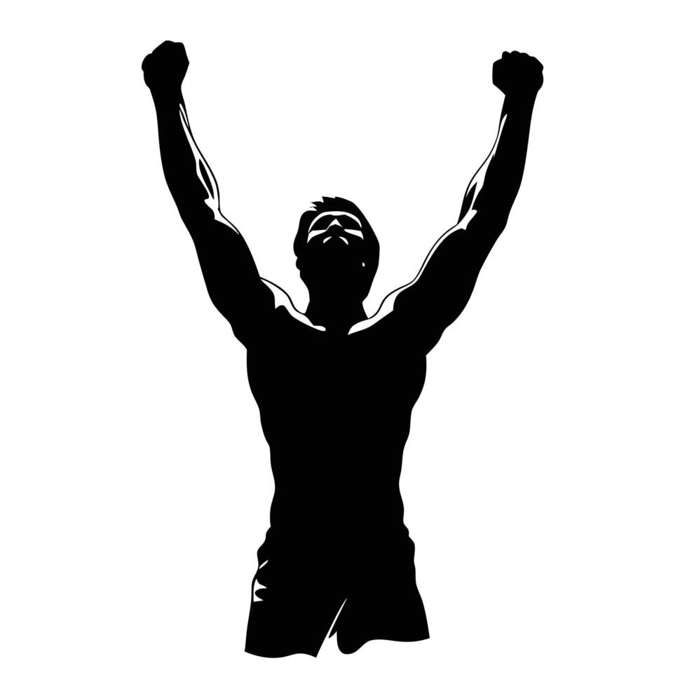 Illustration Of Muscular Man Silhouette Celebrating Victory With Arms Raised vector