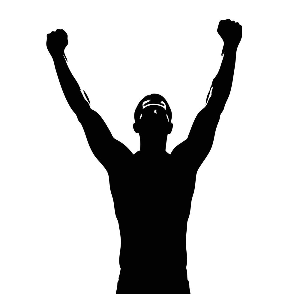Silhouette Of A Man Celebrating Victory With Arms Raised On White Background vector