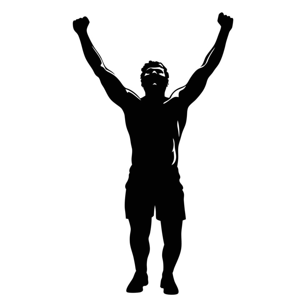 Victorious Man Silhouette Raising Arms In Triumph Achieving Success And Celebration vector