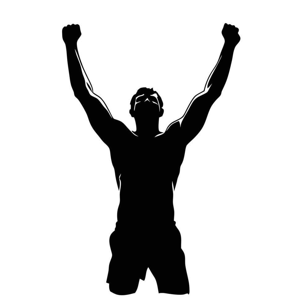 Silhouette Man With Arms Raised In Victory Black And White Illustration vector