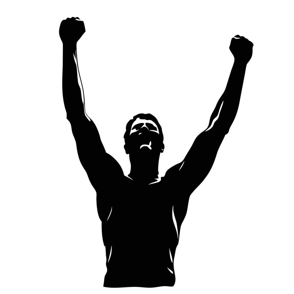 Silhouette Of A Man Raising Arms In Victory With White Background vector