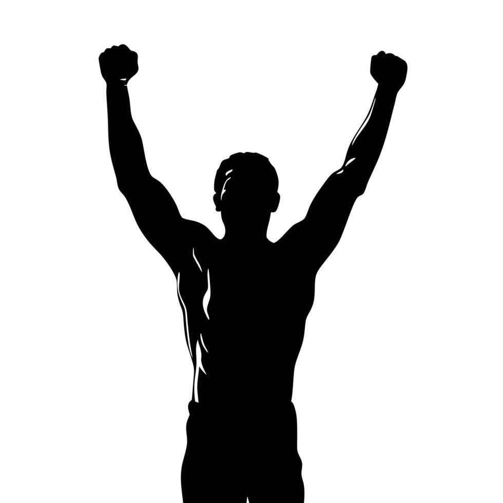 Silhouette Of Strong Man With Arms Raised In Victory Celebration Pose vector