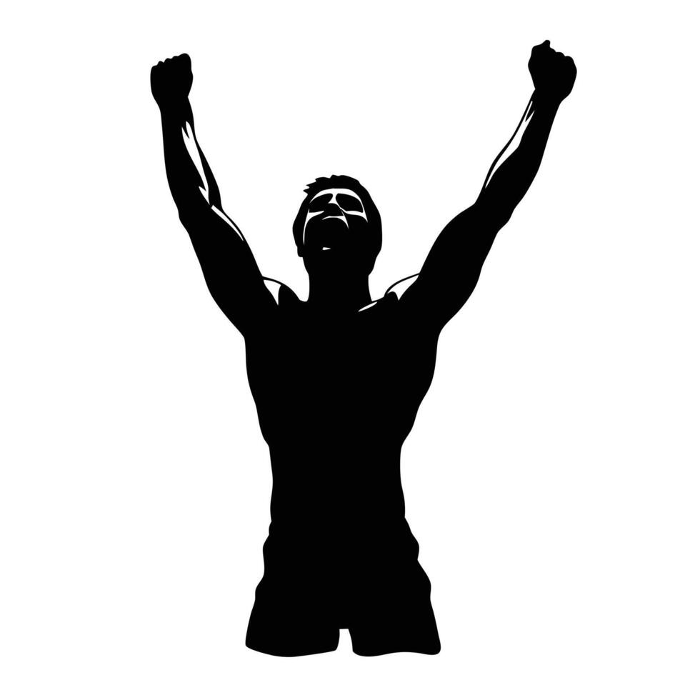Silhouette Of Man With Raised Arms Celebrating Victory And Success Concept vector