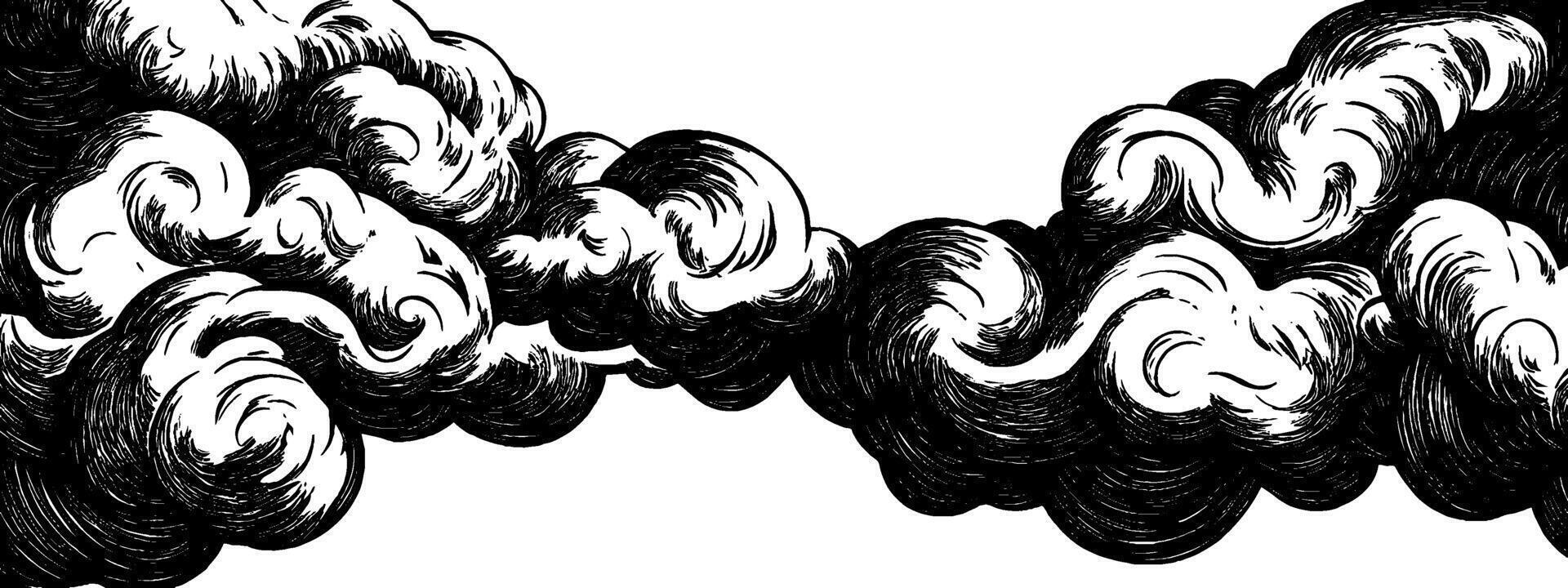 Vintage woodcut illustration featuring dynamic swirling clouds in dramatic patterns vector