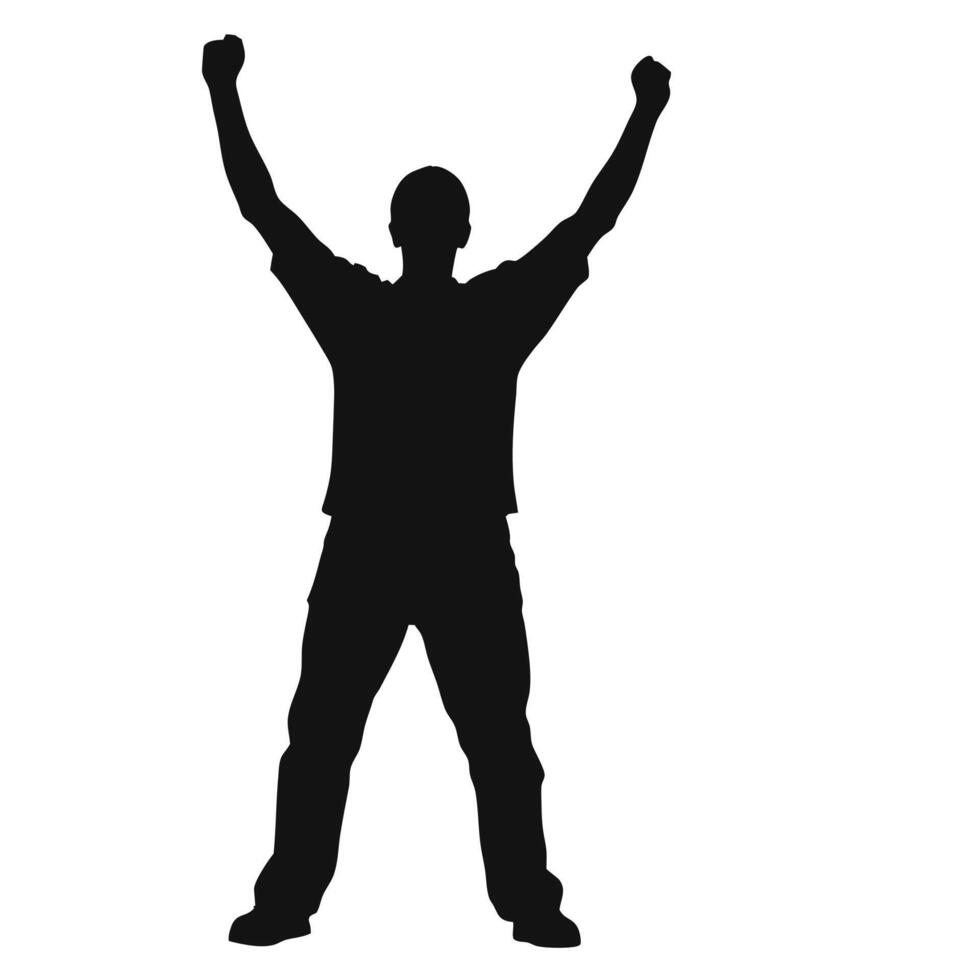 Silhouette Of Man Celebrating Victory With Arms Raised Against White Background vector