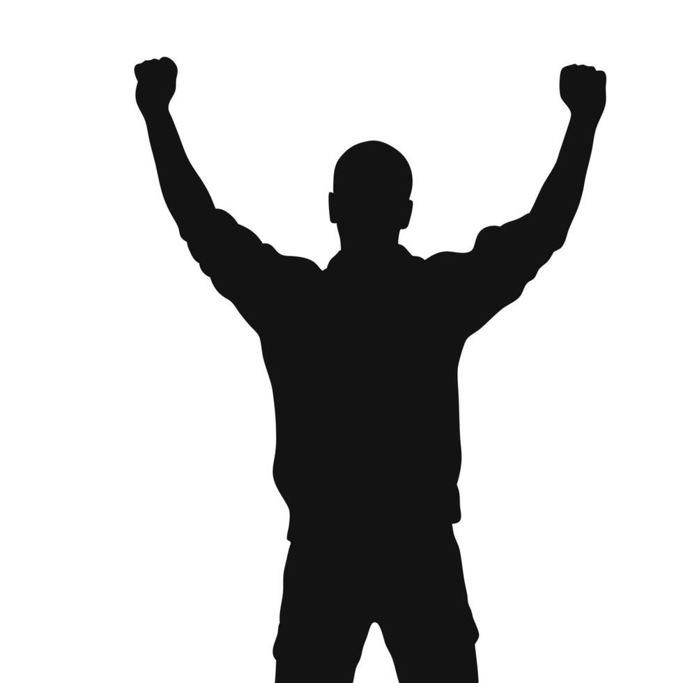 Silhouette Of A Man Celebrating Victory With Arms Raised Against White Background vector