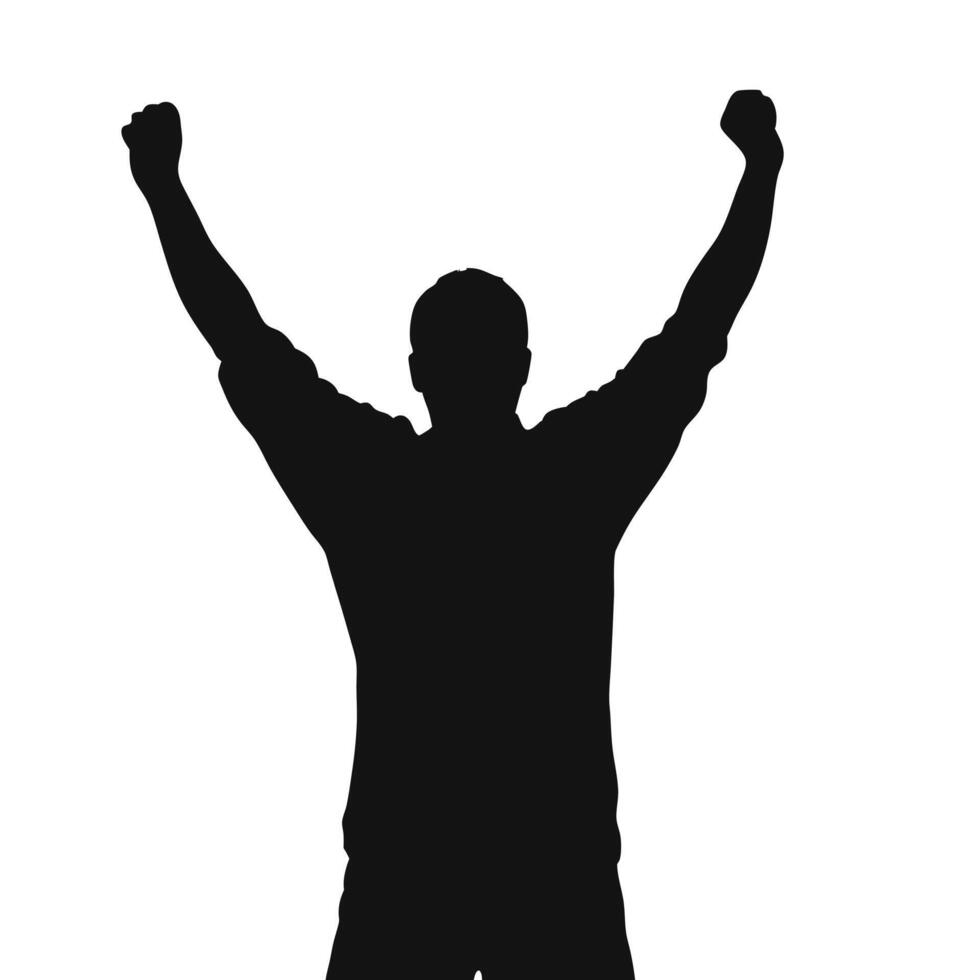 Silhouette Of Man With Arms Raised In Victory Celebration On White vector