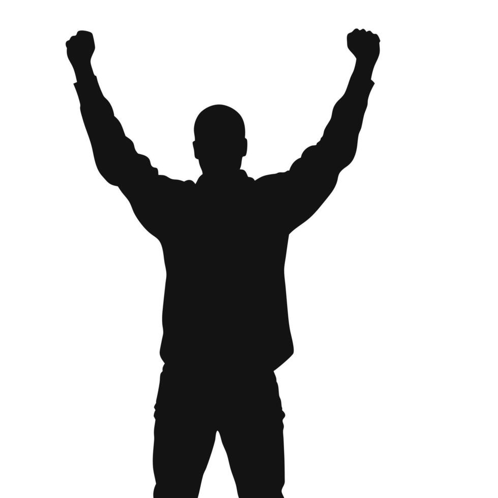 Silhouette Of Man With Arms Raised In Celebration And Victory On White Background vector