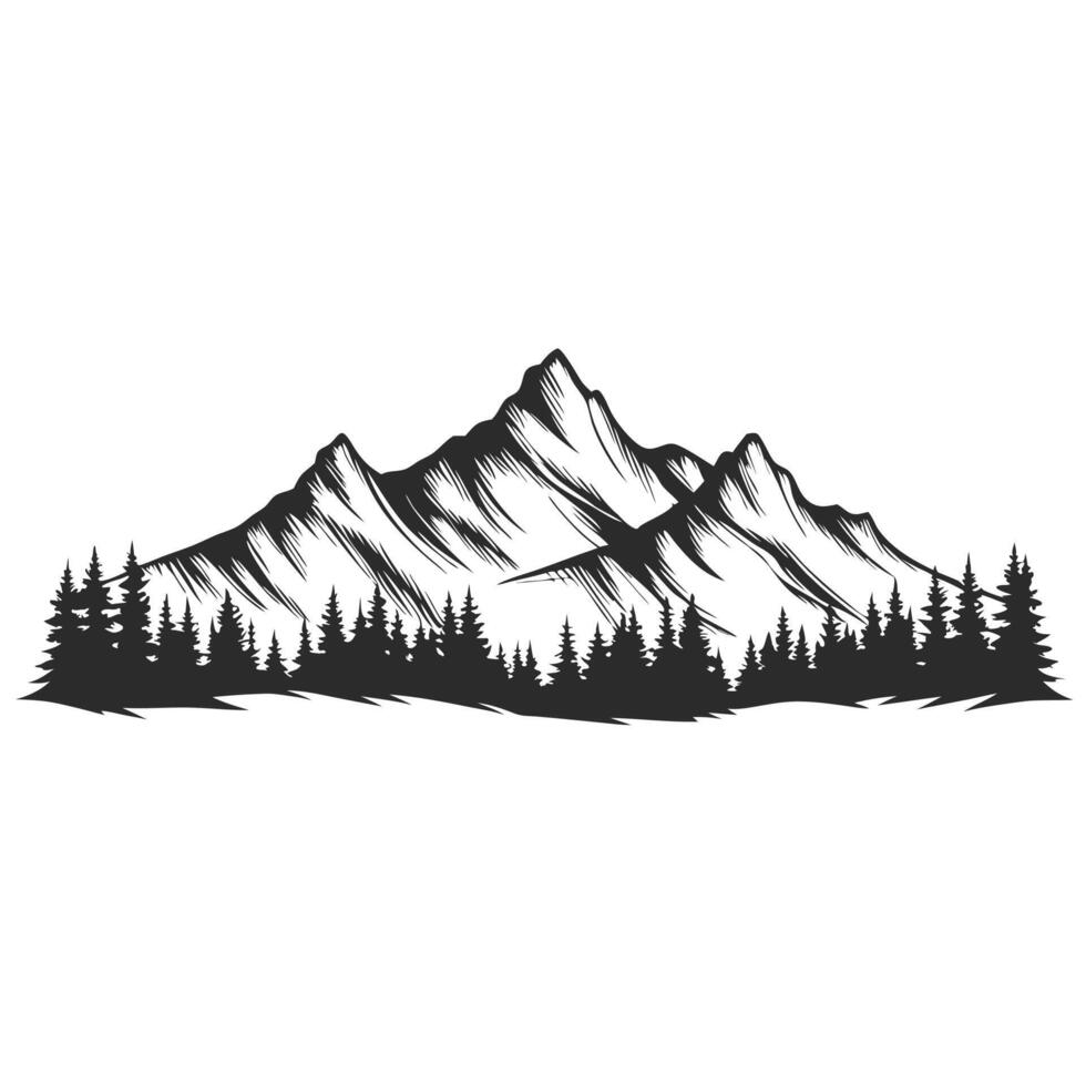 Monochrome Mountain Range With Pine Forest Landscape Nature Illustration Graphic vector