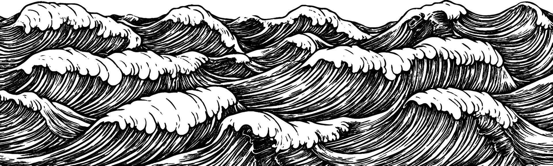 Vintage woodcut illustration depicting sound waves in a dynamic ocean scene vector
