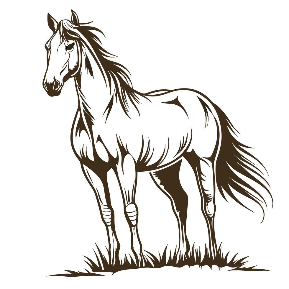 Graceful Horse Illustration In Brown Silhouette Standing On Grass Design vector