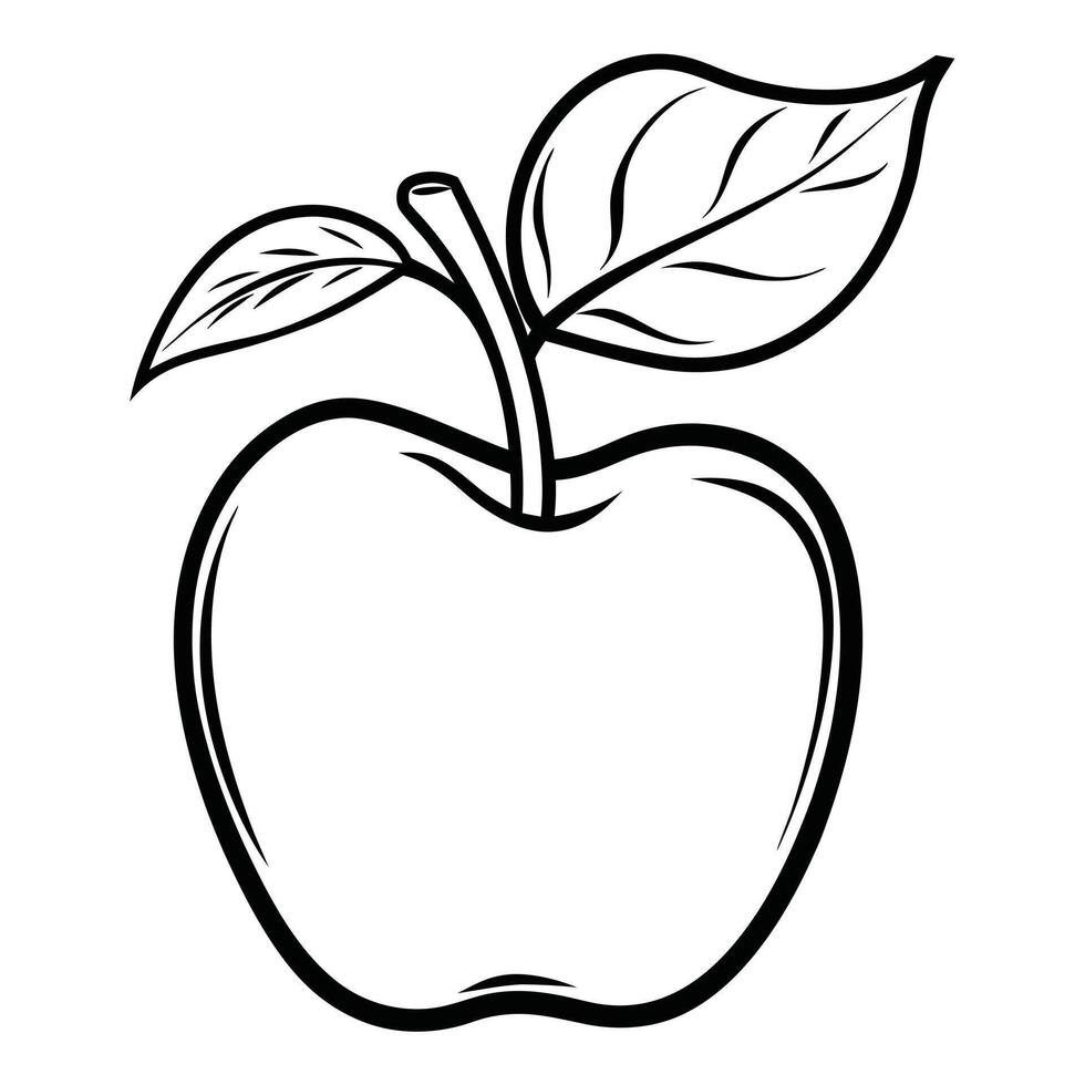 Apple Illustration With Leaves Black Outline Simple Fresh Fruit Design vector
