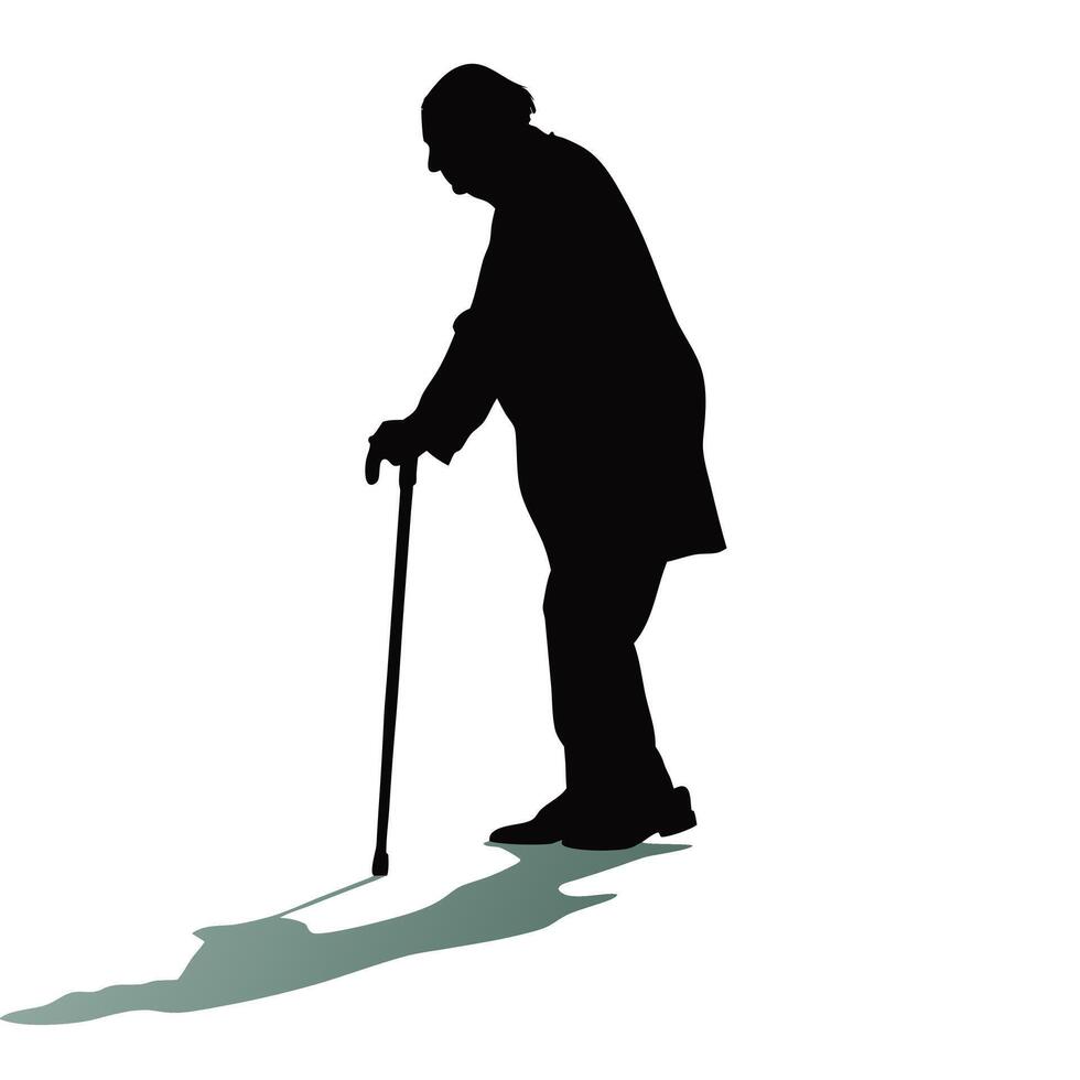 Silhouette Of Elderly Woman With Walking Stick Standing On White Background vector