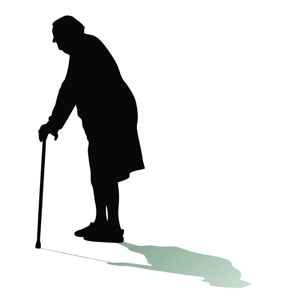 Silhouette Of Elderly Woman Walking With Cane On White Background Illustration vector
