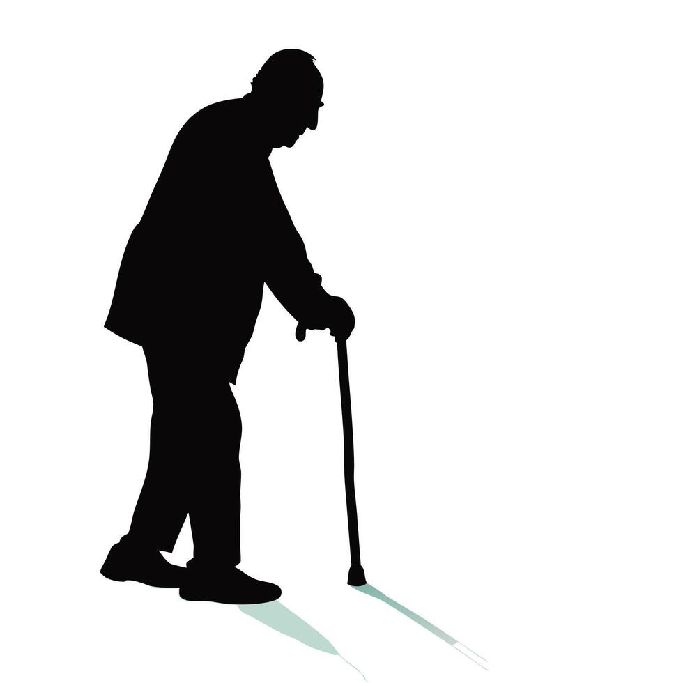 Silhouette Of An Elderly Man Walking With A Cane For Support vector
