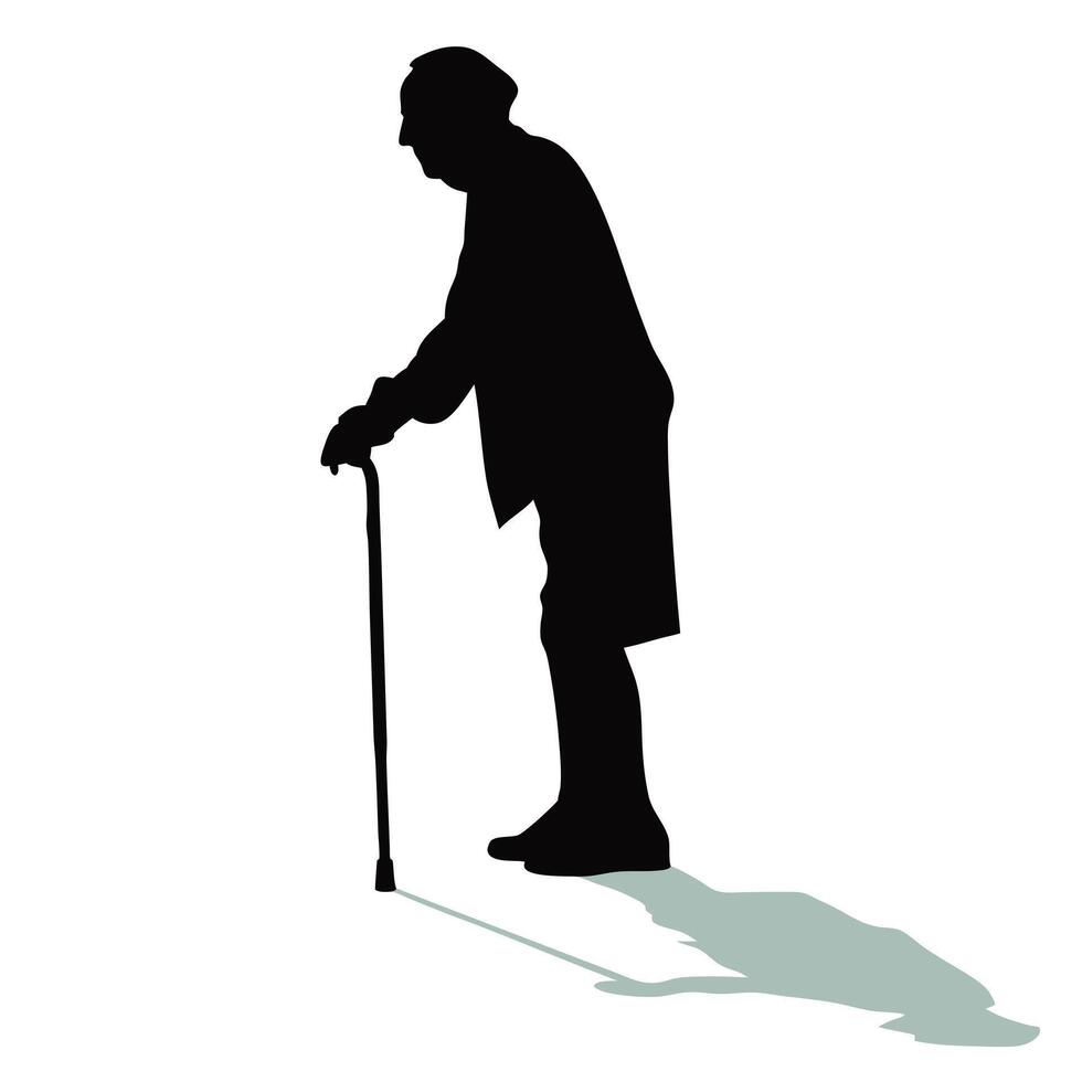 Silhouette Of Elderly Man Walking With Cane Against Isolated White Background vector
