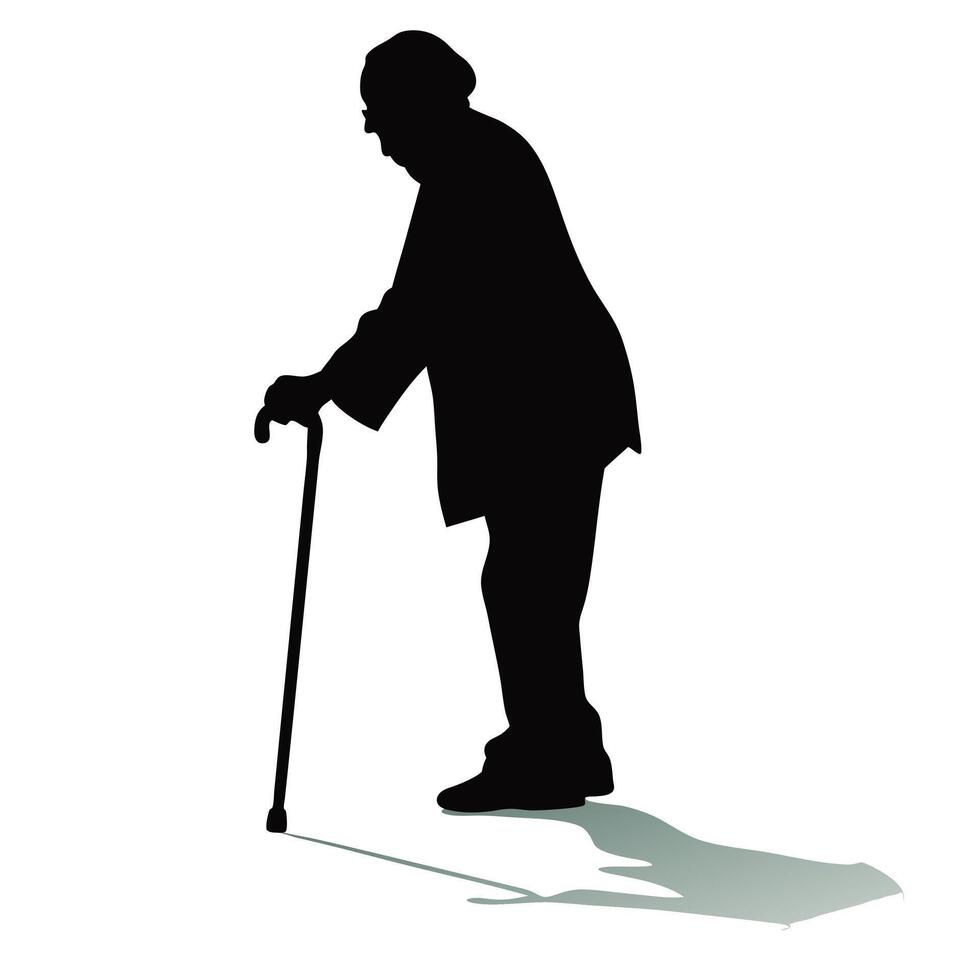 Silhouette Of Senior Person With Walking Stick Leaning Forward vector