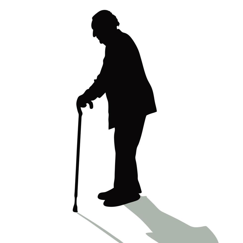 Silhouette Of An Elderly Man Walking With Cane Depicting Loneliness And Frailty vector