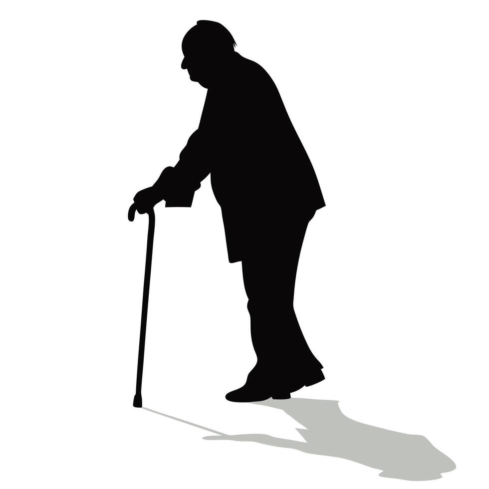 Silhouette Of An Elderly Man Leaning On A Cane Walking Alone With Shadow vector