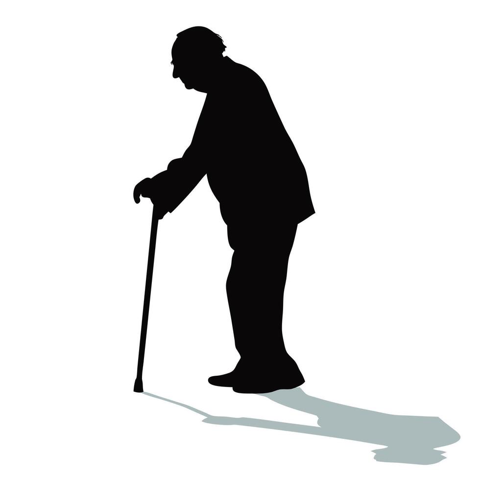 Silhouette Illustration Of An Elderly Man Walking With A Cane On White vector