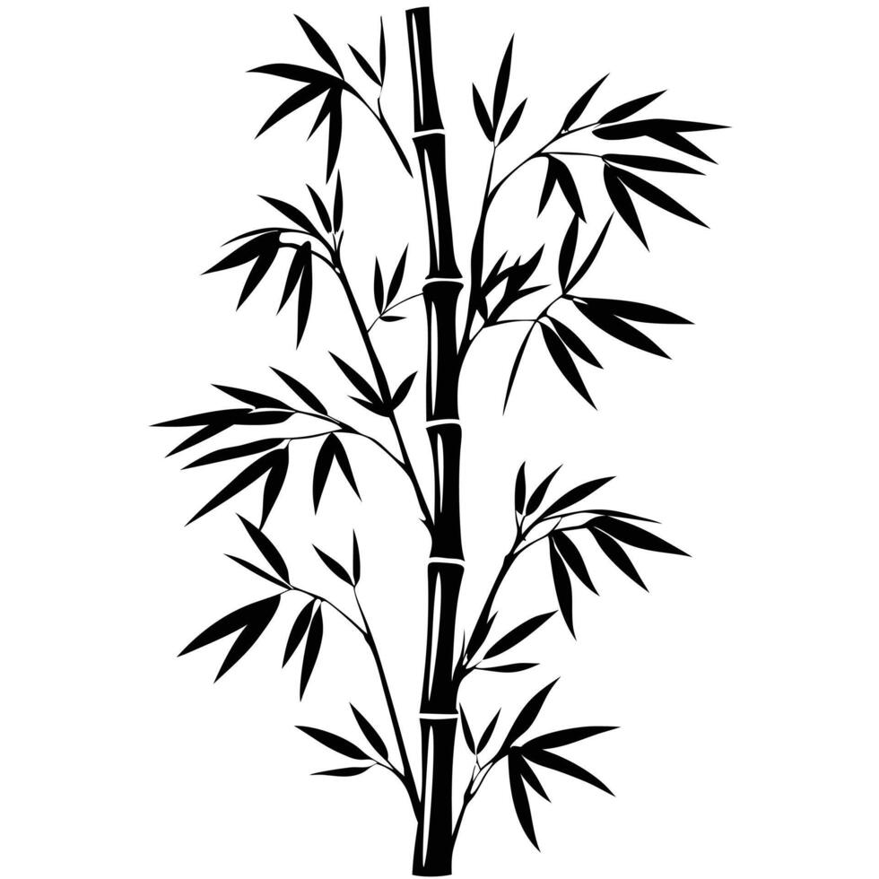 Silhouette Of Bamboo Stalk With Leaves On A White Background Graphic Resource vector