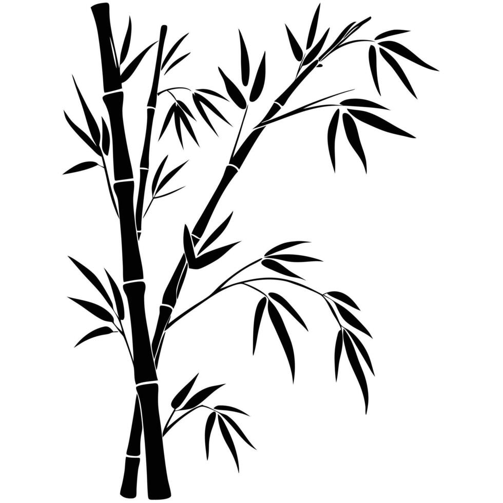 Black Bamboo Stalks With Leaves Silhouette On White Background Graphic Resource vector