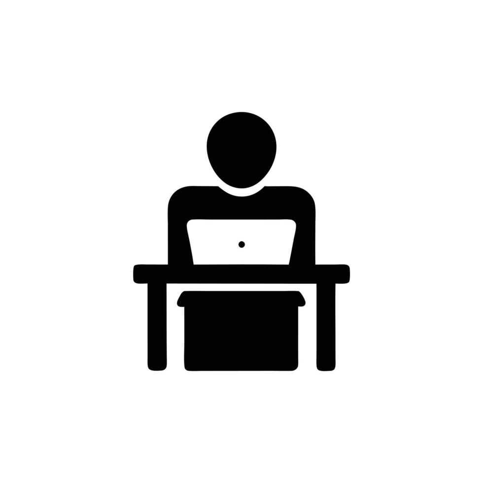 Person At Desk Working On Laptop Computer Black Silhouette Icon vector