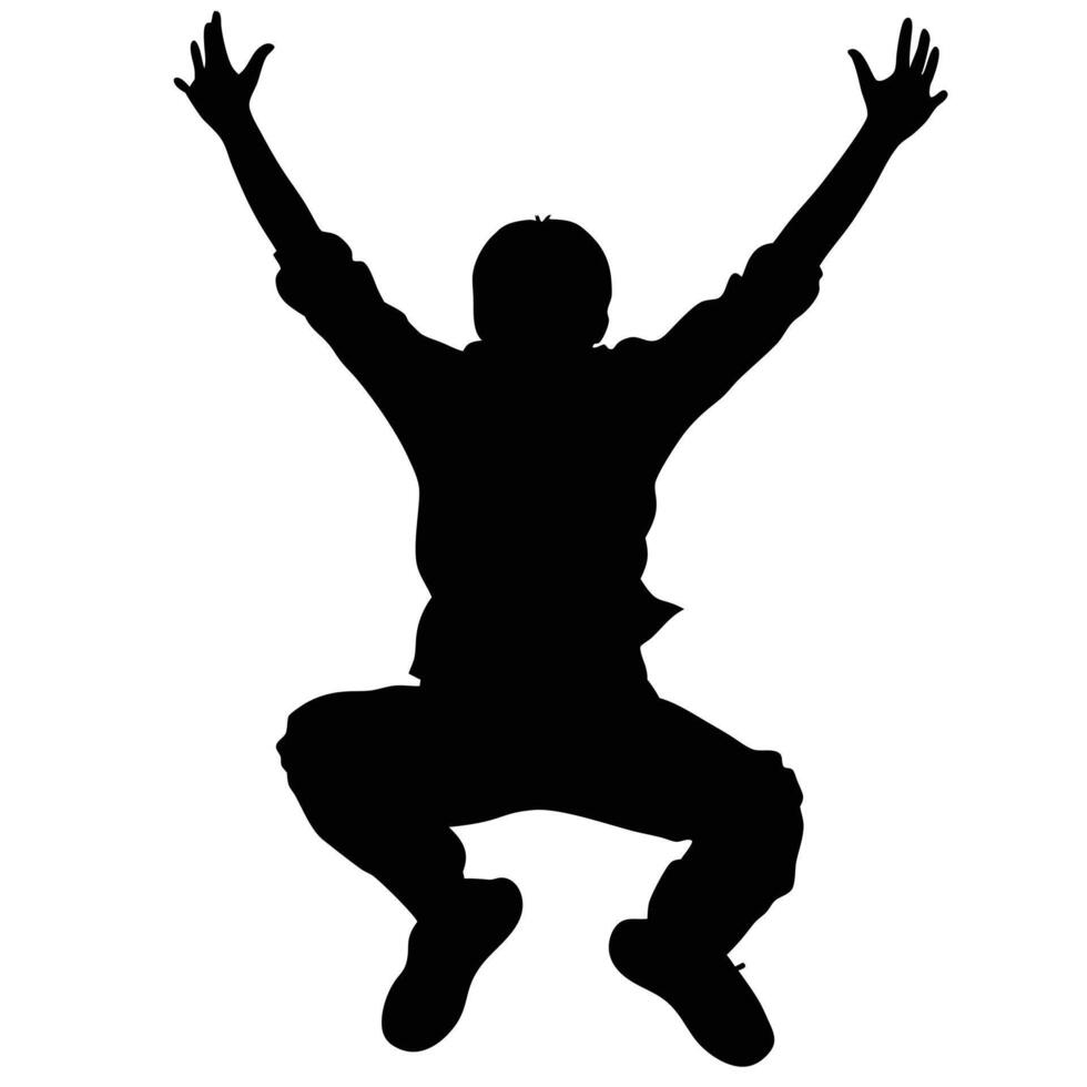 Silhouette Of Man Jumping With Arms Raised In Air Excitement vector