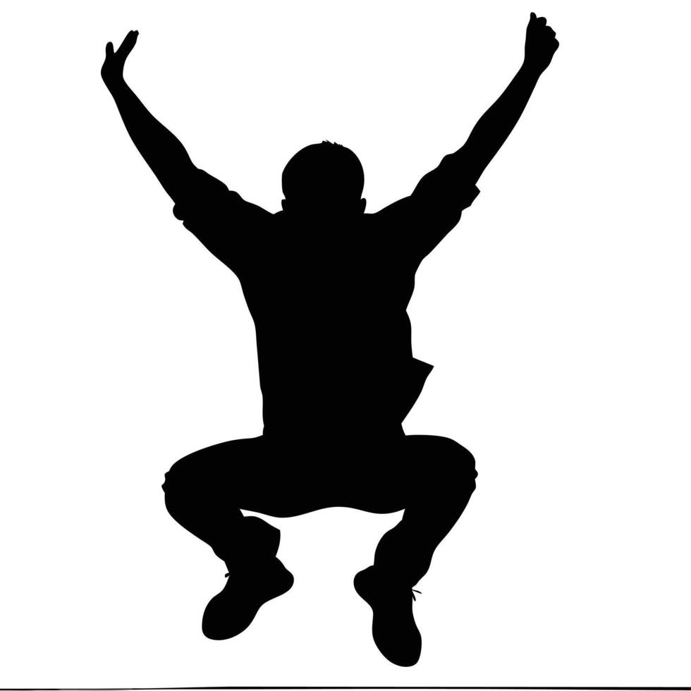 Silhouette Of An Excited Man Jumping In The Air With Arms Raised Up vector