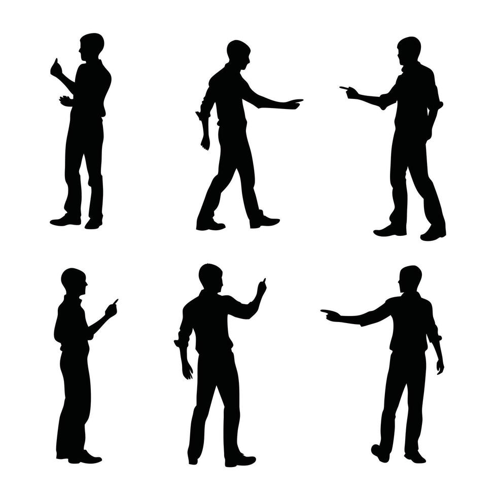 Silhouette Set Of Young Man In Various Poses Pointing And Gesturing On White Background vector